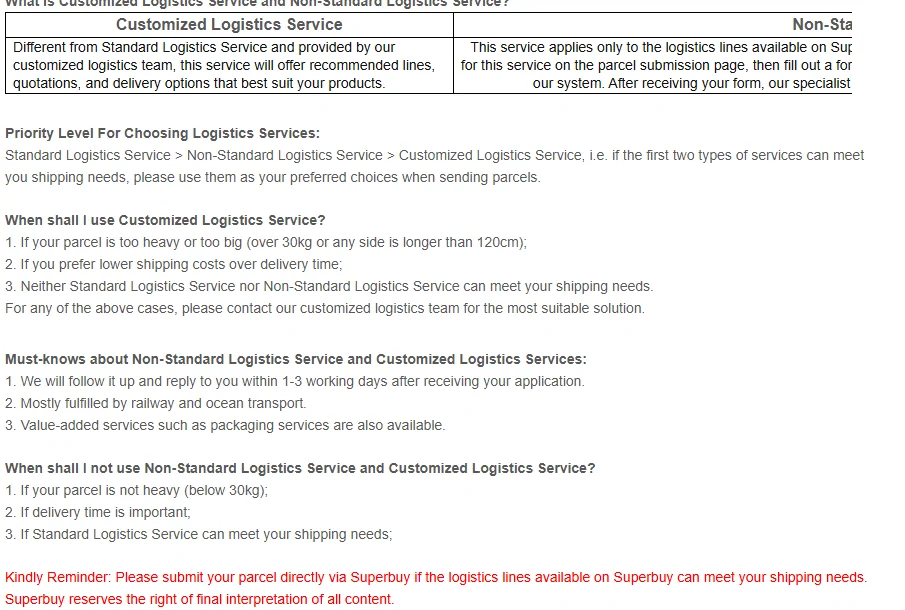 Comparison of Customized and Non-Standard Logistics Service, a service priority order, and the conditions for using each