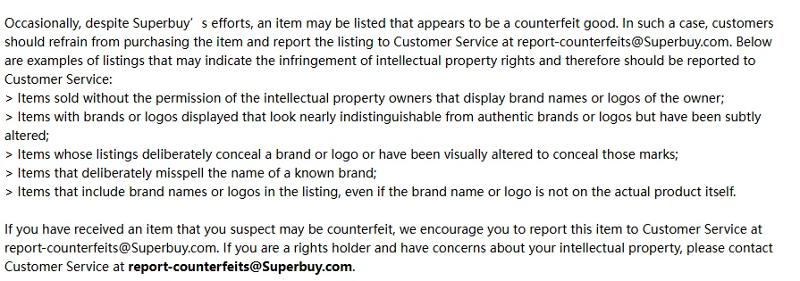 Five bulleted listing patterns the help article asks shoppers to report, followed by the report-counterfeits mailbox twice