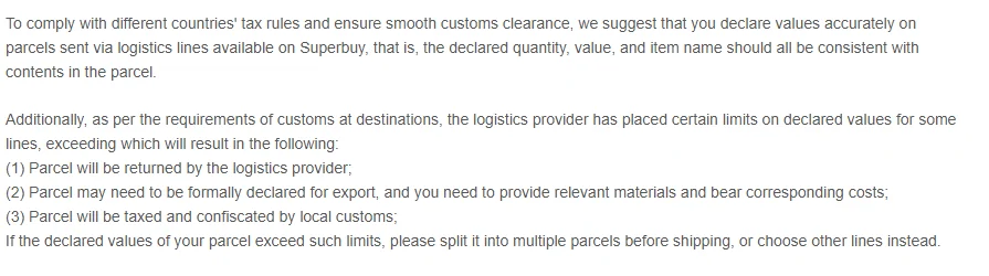 Three numbered consequences of exceeding a declared-value limit, followed by the instruction to split the parcel or change line