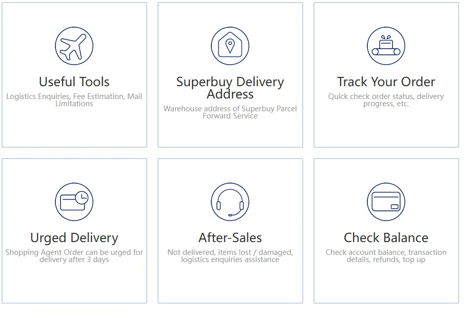 Six self-service tiles: Useful Tools, Superbuy Delivery Address, Track Your Order, Urged Delivery, After-Sales, Check Balance