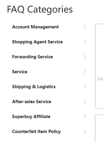 Help centre sidebar headed FAQ Categories listing eight categories, the last of which is Counterfeit Item Policy