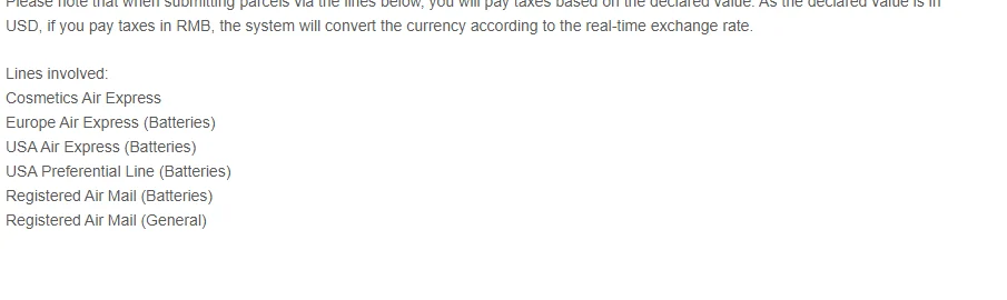 Short help article listing six logistics lines on which tax is charged against the declared value