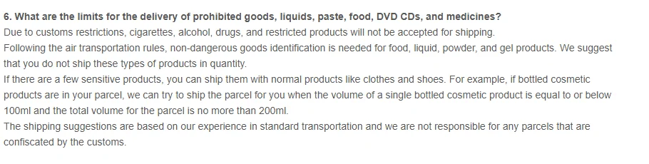 FAQ answer giving volume limits for bottled cosmetics, one bottle and whole parcel