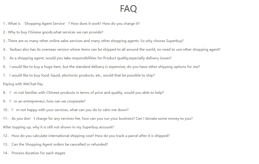 Numbered list of sixteen plain-language questions under a heading reading FAQ