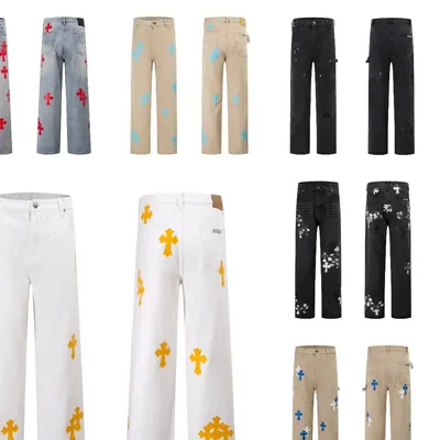 Two pairs of wide-leg jeans laid side by side, one printed, one plain beige
