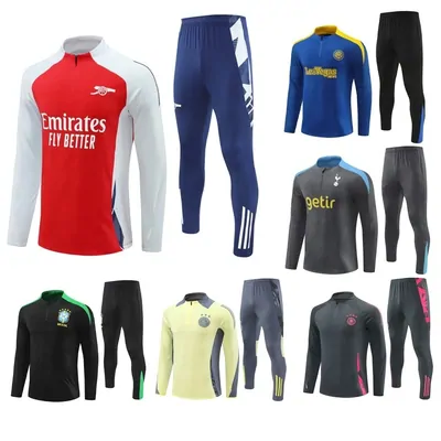 Red long-sleeve training top beside a navy one, both with sponsor panels