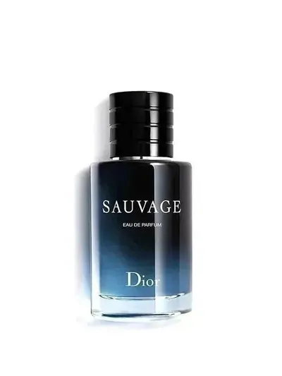 Dark blue gradient eau de parfum bottle with a ribbed black cap, on a plain white background
