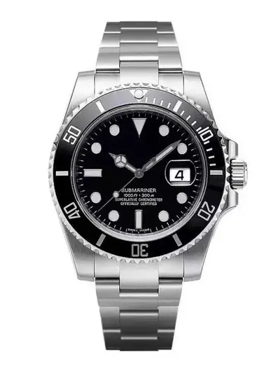 Steel dive watch with a black bezel and bracelet, photographed head on