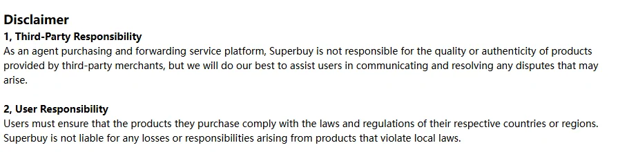 Disclaimer section split into Third-Party Responsibility and User Responsibility