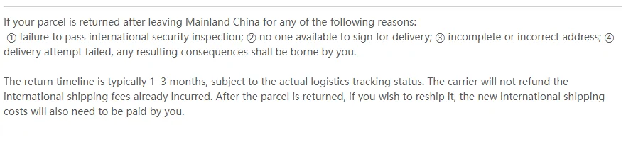 Help text listing four reasons a parcel is returned after leaving mainland China, and a return timeline