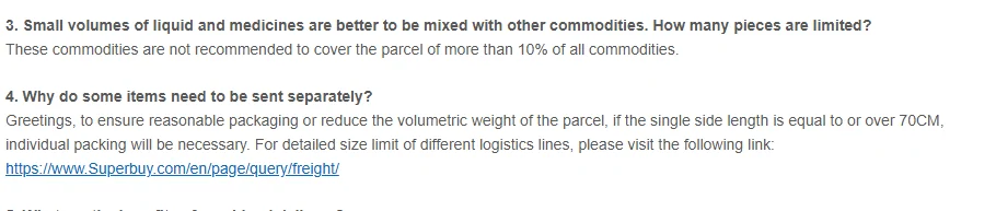 FAQ answers on submitting warehouse items together and on why some items ship separately, with a side-length figure