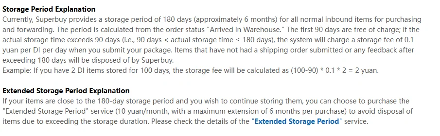 Storage period explanation with the free window, the charged window and a worked two-item example