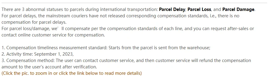 Paragraph naming three abnormal parcel statuses in bold - delay, loss and damage - with compensation timing notes