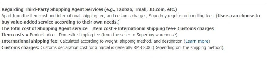 Service charge article stating the total cost formula and breaking out item costs, international shipping fee and customs charges