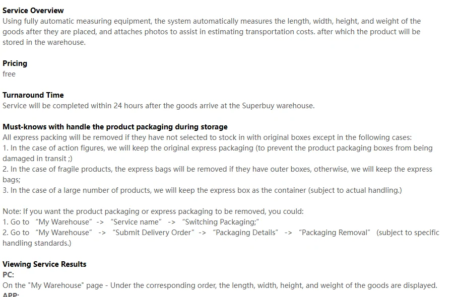 Service overview explaining automatic measuring equipment, pricing, turnaround time and packaging handling during storage